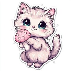 Sticker - Cute Cartoon White Kitten Holding a Pink Mushroom