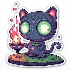 Poster - Cute Cartoon Cat with Big Eyes Holding a Torch