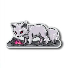 Sticker - Cute Arctic Fox with Red Eyes and Pink Fire