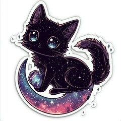 Canvas Print - Cute Black Cat Sitting on Crescent Moon with Galaxy Pattern