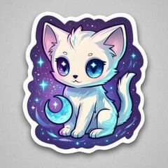 Wall Mural - Cute White Kitten with Moon in Space Galaxy Background