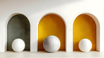Wall Mural - 3d render of white spheres resting in arched niches with colored walls