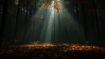 In a deep forest, early morning sun rays pierce through the dense canopy, illuminating the fallen autumn leaves, creating a mystic ambiance. Nature's serene artwork.