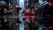 © AI Dev Studio - A bustling city street in the rain with colorful lights reflecting on wet pavement, as people navigate with umbrellas, creating a vibrant urban scene.