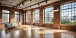 © Andaman - Modern loft with exposed brick walls, large windows, minimalist decor, empty wall Frame