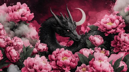 Wall Mural - Black Dragon in a Field of Pink Peonies