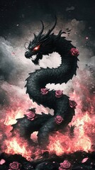 Wall Mural - Black Dragon Rising from Flames with Pink Roses