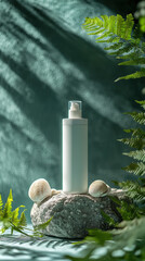 Wall Mural - A minimalist bottle of face cleanser is elegantly displayed on stone ledge, surrounded by lush ferns and seashells, creating serene and refreshing atmosphere