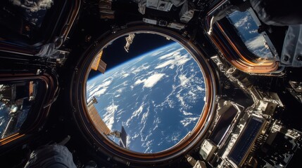 Wall Mural - An astronaut looks at the Earth from inside a space station, with a view through a round window of the planet Earth, including the lights of cities, the night sky, outer space, and stars.
