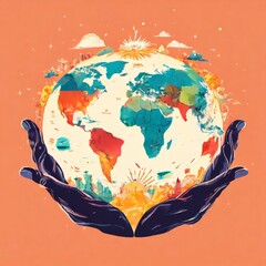 An illustration depicting two hands holding a vibrant map of the world, symbolizing unity, global care, and environmental awareness. The colorful design highlights different continents and cultural