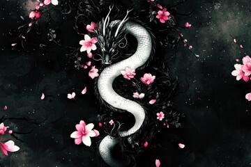 Poster - Mystical Dragon with Cherry Blossoms