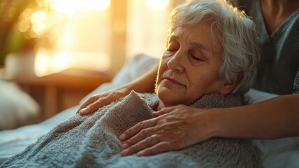 A woman is laying in bed with a blanket over her