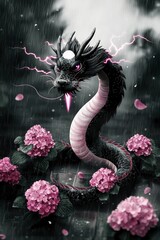 Sticker - Black Dragon with Pink Hydrangeas in a Rainstorm