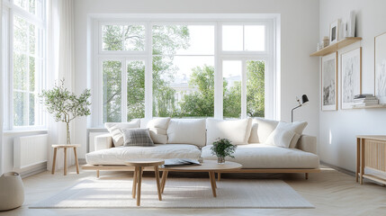 Sticker - A bright and airy living room featuring modern sofa, wooden furniture, and large windows that offer view of greenery outside. space exudes calm and inviting atmosphere