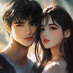 A youth girl and a youth boy，they are Asian faces in anime cartoon image. The  designs are vigour and eye-catching. The cartoon style brings a sense of imagination and creativity.   