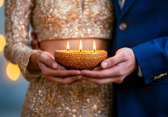 Sticker - young indian couple holding oil lamp plate together on diwali