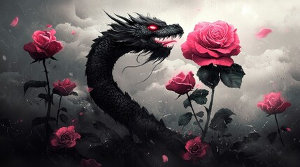 Wall Mural - Black Dragon and Roses