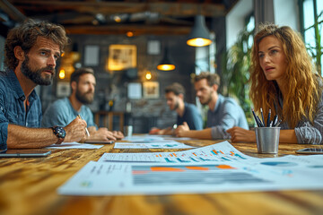 Wall Mural - A group of professionals brainstorming at a minimalist conference table, with nothing but a few sheets of paper and pens in front of them.