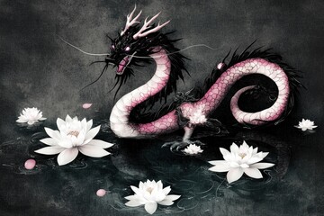 Wall Mural - Dragon with Lotus Flowers and Water