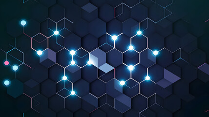 Hexagon Network: Abstract digital art depicting a futuristic network of glowing hexagons, interconnected nodes and lines, representing innovation, technology, and connectivity.  