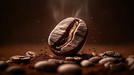 A single roasted coffee bean with steam rising from it, surrounded by coffee grounds and beans.