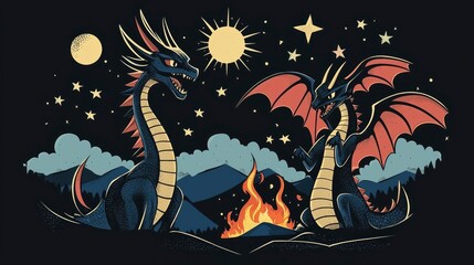 Sticker - Two Dragons Around a Campfire Under a Starry Sky