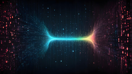 Digital Convergence: Abstract representation of data streams converging, vibrant colors and glowing particles in a cosmic digital landscape.  