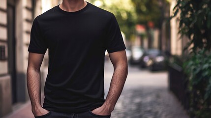 Young Model Shirt Mockup, Boy wearing black t-shirt on street in daylight, Shirt Mockup Template on hipster adult for design print, Male guy wearing casual t-shirt mockup placement .generative ai