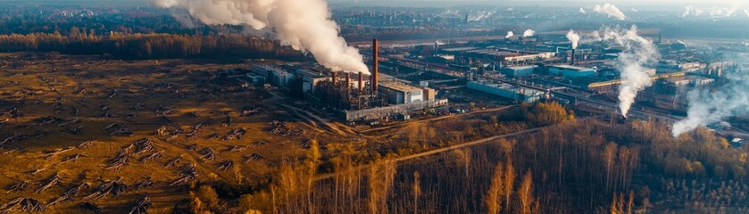 Industrial landscape with smoke and pollution, aerial view, natural surroundings.