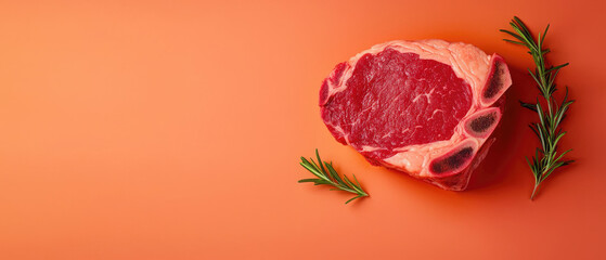 Fresh raw ribeye steak with rosemary on an orange background. Perfect for culinary promotion and food photography.