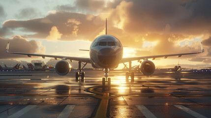 Airplane in airport runway in sunset light