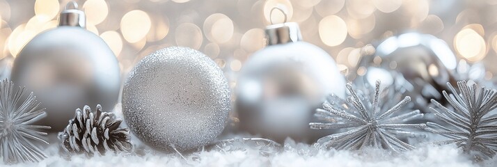 Sparkling silver ornaments and pinecones on a glittering backdrop creating a festive, elegant holiday scene.