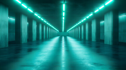 Wall Mural - 3D Render: Turquoise Neon Lights in Concrete Corridor