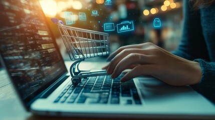 Wall Mural - a person using a laptop for online shopping, with a shopping cart icon and digital elements visible 