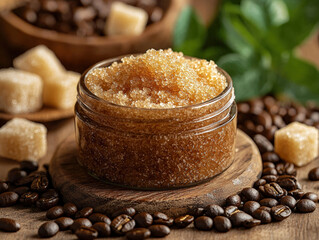 A jar of body scrub filled with brown sugar sits on wooden surface, surrounded by coffee beans and sugar cubes, creating warm and inviting atmosphere