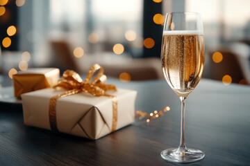 A champagne flute and a beautifully wrapped gift sit on a table, creating an ambiance of celebration with sparkling bubbles and twinkling lights in the background.