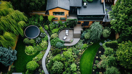 A serene aerial view of a beautifully landscaped garden surrounding a modern, eco-friendly home, emphasizing nature and sustainable living.