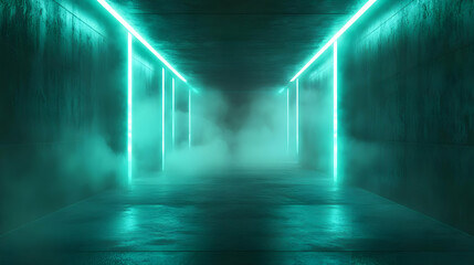 3d rendering of futuristic tunnel with teal neon lights and fog