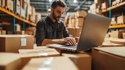 Canvas Print - A man works on a laptop amid stacks of cardboard boxes in a warehouse, focused on his tasks in a busy logistical environment.