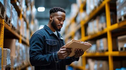 Canvas Print - A man reviews a clipboard while standing in a warehouse aisle filled with boxes on shelves, showcasing a busy inventory environment.