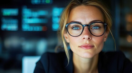 Focused businesswoman engaged with her computer, professional attire, modern office setting, determination evident in her expression, productivity and ambition in a corporate environment