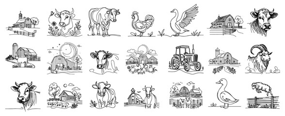 Naklejka na meble charming farm animals and rural scenes in sketch style