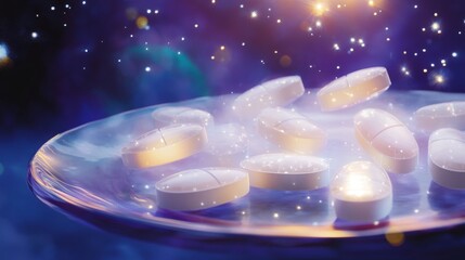 Aufkleber - White, round pills are shown on a silver dish with a shimmering, blue and purple background. Light emanates from the pills as if they are glowing