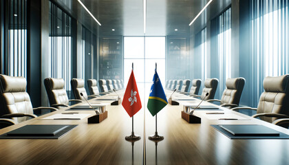 A modern conference room with Hong Kong and Solomon Islands flags on a long table, symbolizing a bilateral meeting or diplomatic discussions between the two nations.