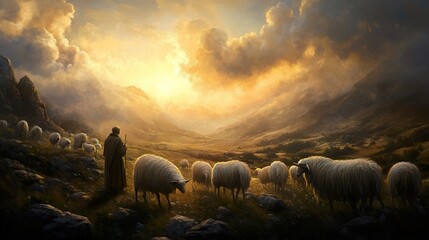 Canvas Print - Golden Hour in the Mountains: A Shepherd Leads His Flock