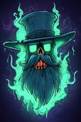 Sticker - Glowing Skull with a Top Hat and Beard