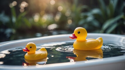 Two yellow rubber ducks gently float on calm water in a tranquil garden setting