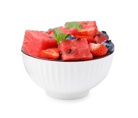 Sticker - Pieces of tasty watermelon, strawberries, blueberries and mint in bowl isolated on white