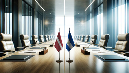 A modern conference room with Latvia and El Salvador flags on a long table, symbolizing a bilateral meeting or diplomatic discussions between the two nations.