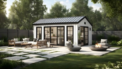 Wall Mural - Charming outdoor living area featuring a modern white shed with black trim, surrounded by comfortable seating and lush greenery, creating an inviting backyard retreat